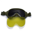 Genuine French army tanker goggles with padded frame and interchangeable clear, smoke, and amber lenses for eye protection.