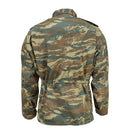 Back view of genuine Greek Army field jacket in lizard camouflage military surplus fabric with long sleeves and waistband detail
