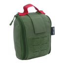 Compact olive green Mil-Tec tactical first aid kit pouch with red handle and MOLLE attachment for emergency medical supplies.