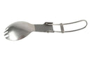 Folding titanium spork for hiking and camping, lightweight and durable outdoor eating utensil.