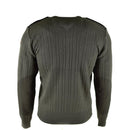 Back view of olive drab Czech military wool sweater jumper with reinforced elbows and shoulders.