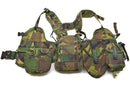 Original Dutch military tactical vest set with woodland camouflage, featuring four Alice clip pouches for gear storage and quick access