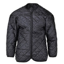 Original German military quilt jacket liner in black, quilted thermal insulation for cold weather and army issue design.