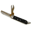 Vintage Italian army navy folding pocket knife with black handle, multiple blades, and can opener exposed on white background