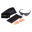 SWISS EYE tactical shooting glasses with adjustable temples, three interchangeable color lenses, and protective carrying case.