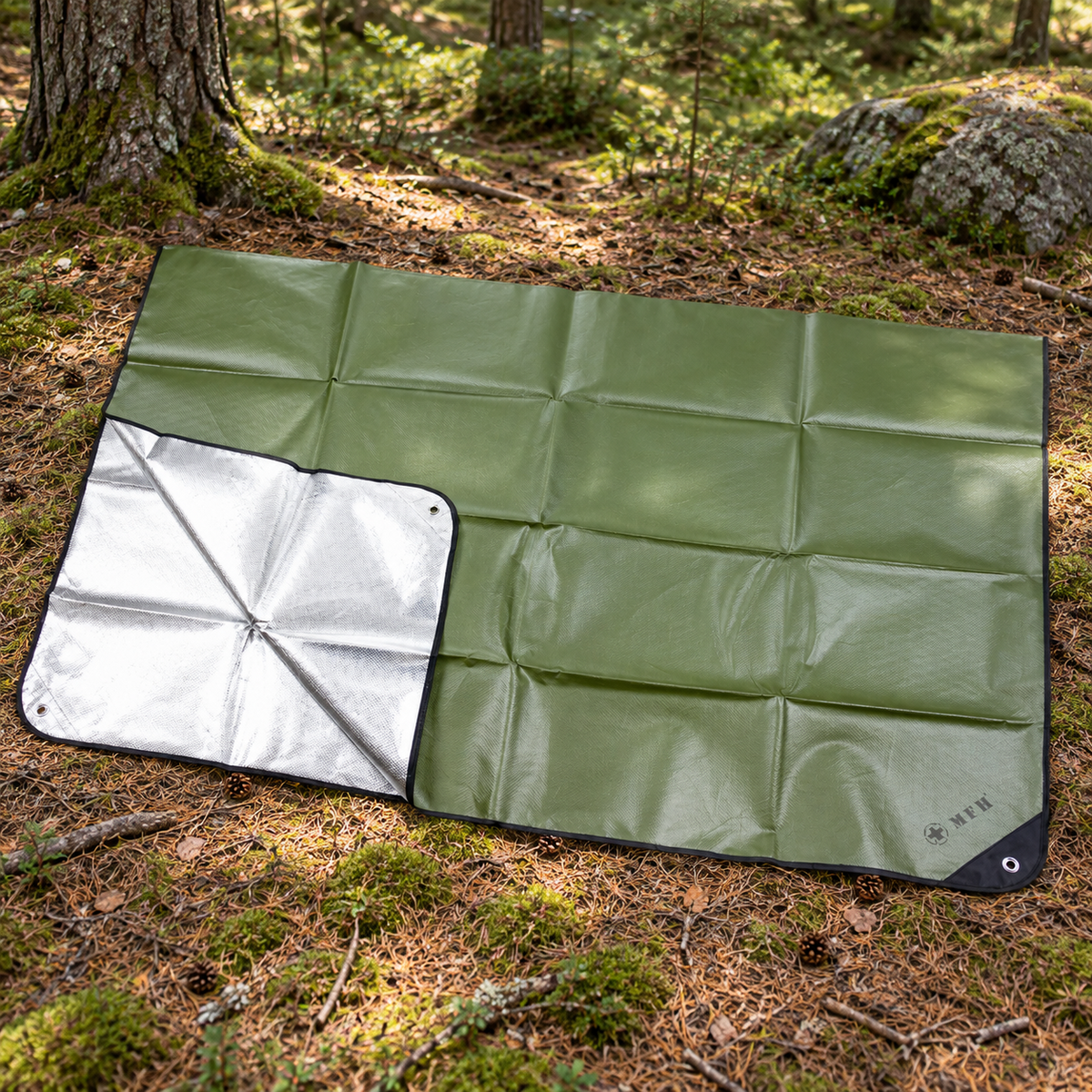 MFH Emergency Tarp 210 x 150 cm Aluminium Coated Camping Groundsheet OD Green