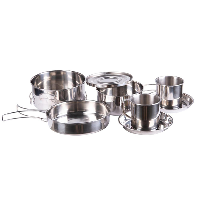MIL-TEC outdoor cookware 8 pieces stainless camping cooking pot pan cup plate