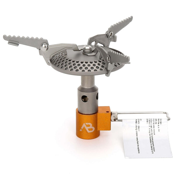 A.Blochl AB-16 lightweight titanium camping gas burner stove with adjustable flame and sturdy pot supports for trekking.