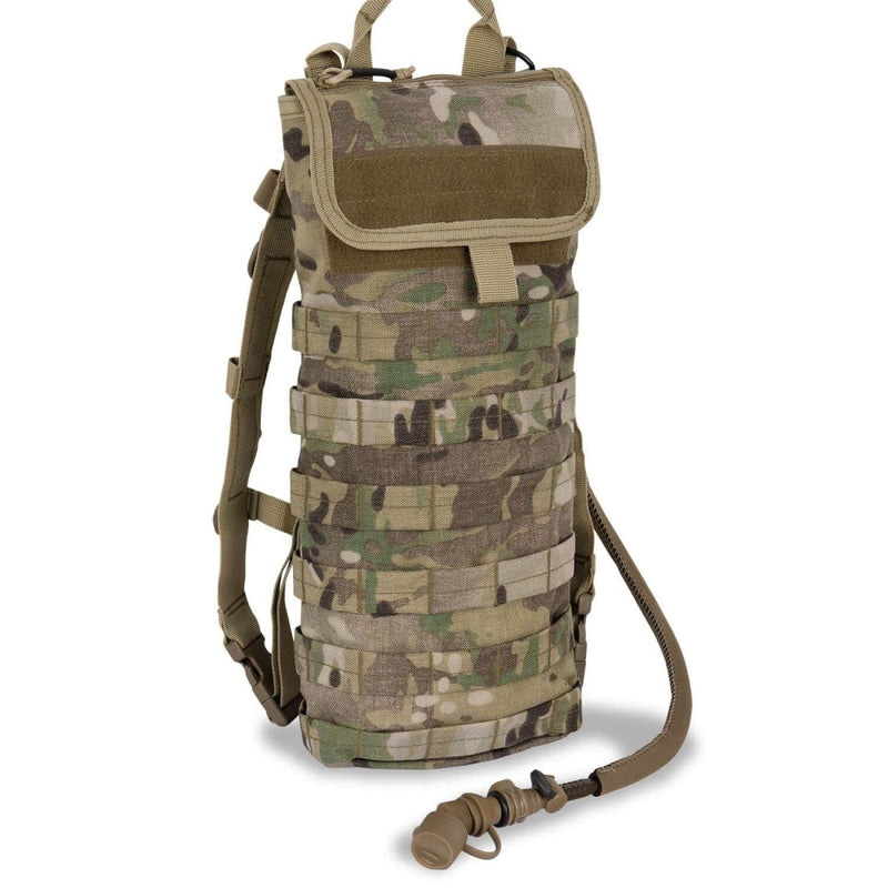 A.Blochl TF1 3L hydration pack in MTP camouflage with MOLLE system and leak-proof bladder for outdoor use.