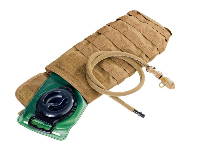 Coyote-colored MOLLE hydration pack with 3-liter bladder and changeable drinking tube for hiking and outdoor use