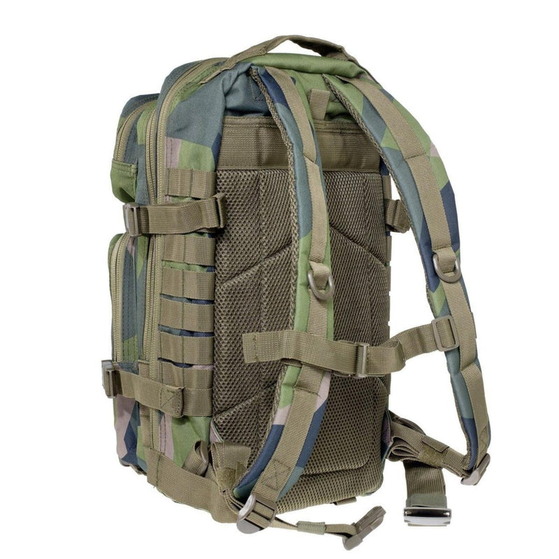 A.Blochl tactical backpack in Swedish M90 camouflage with padded straps, MOLLE loops, and 30-liter capacity for outdoor use.