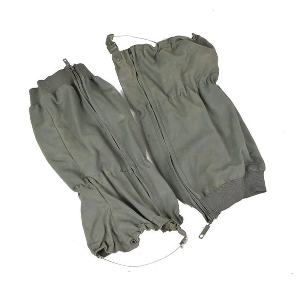 Pair of authentic French military olive drab combat gaiters with side zippers and adjustable cords.