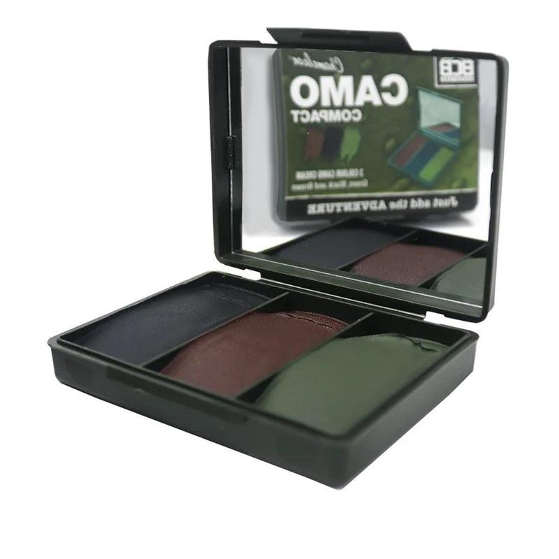 Compact camouflage makeup set with three colors in a black case on a white background