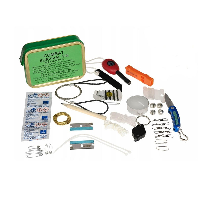 Combat survival kit with various tools and items on a white background