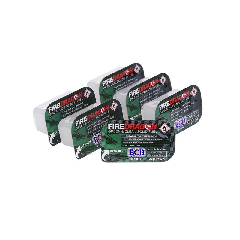 Pack of six BCB FireDragon solid fuel blocks for backpacking camping firestarting, compact and waterproof fuel source
