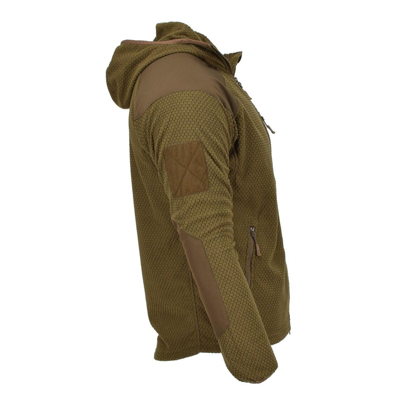 Blochl Brand coyote brown military style hooded thermal fleece jacket with reinforced elbow patches and zippered pockets.