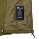 Close-up of A Blochl Delta fleece hoodie jacket label inside olive green thermal military-style jacket lining