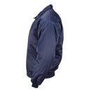 Side view of a blue Lambert French Air Forces bomber jacket with elastic cuffs and warm windproof design