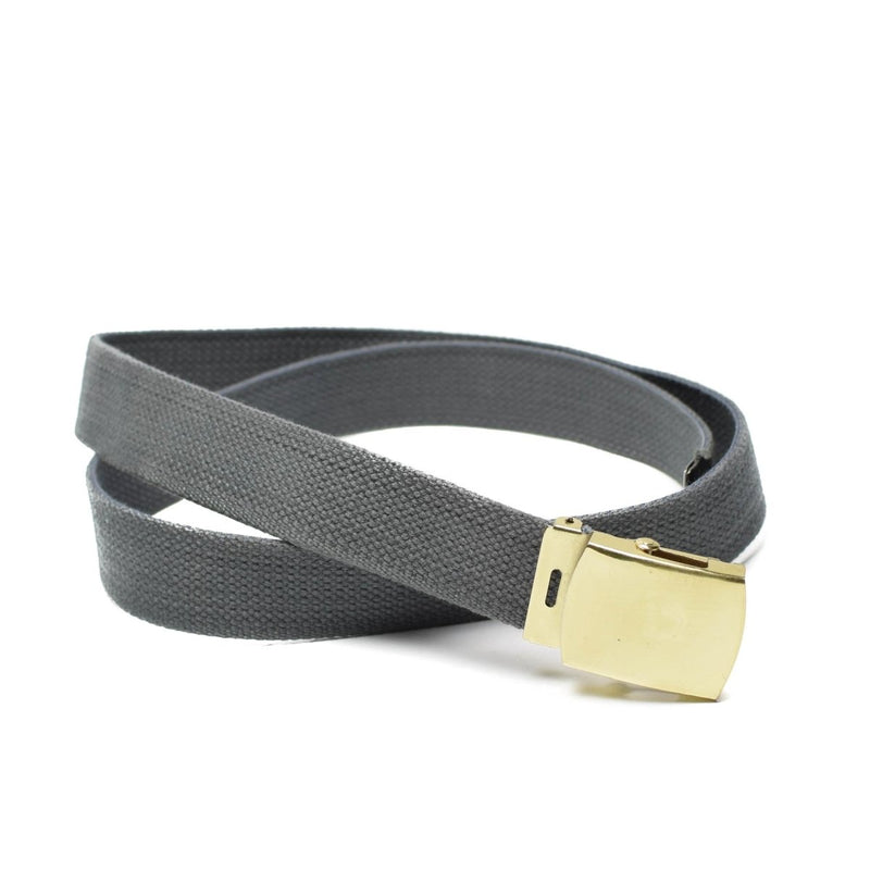 Grey canvas military casual belt with gold box buckle, adjustable length, unisex military surplus accessory