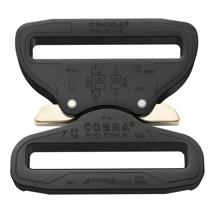 Black COBRA PRO STYLE heavy duty aluminum 58mm quick release belt buckle with dual locking mechanism