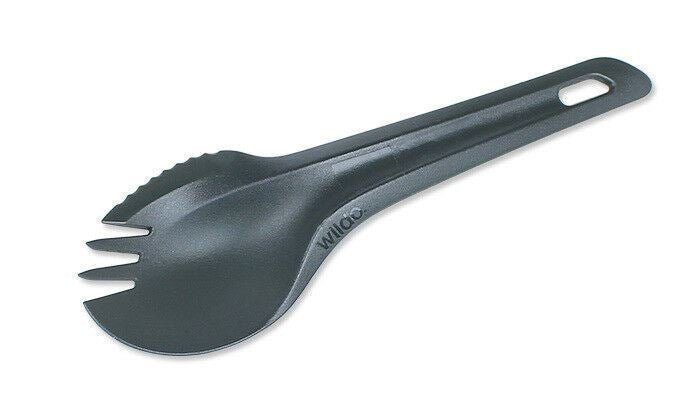 Olive green Wildo spork made of BPA-free plastic, ideal for outdoor dining and camping trips.