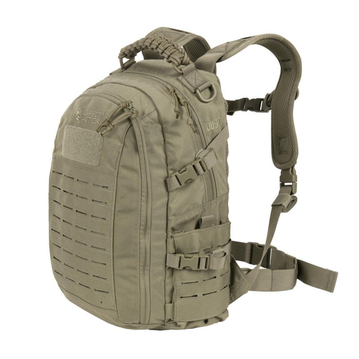 Direct Action Dust 20L tactical backpack in adaptive green with laser cut MOLLE, padded straps, and durable 500D Cordura fabric