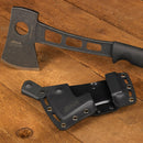 EKA HatchBlade W1 hand axe with black G10 handle and 12C27 steel head next to black Kydex sheath on wood background