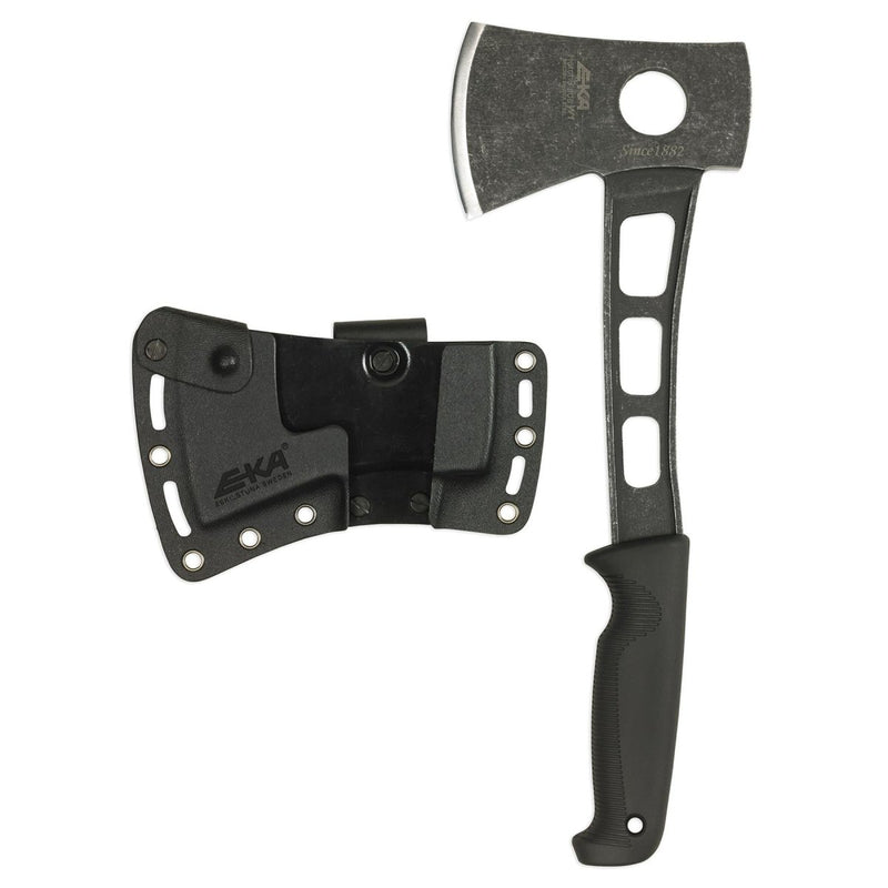 EKA HatchBlade W1 lightweight hand axe with black G10 handle and 12C27 steel head with Kydex sheath