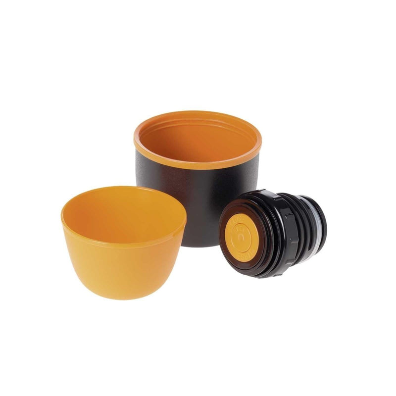 Black and orange ESBIT stainless vacuum flask lid and two detachable mugs for heat retention and easy pouring
