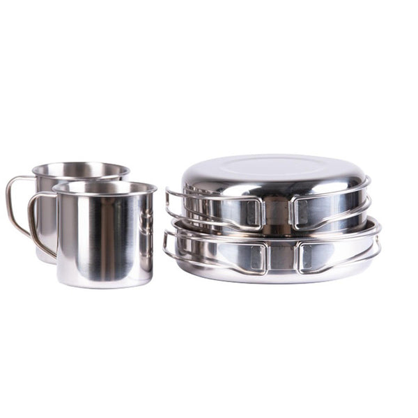 MIL-TEC outdoor cookware 8 pieces stainless camping cooking pot pan cup plate