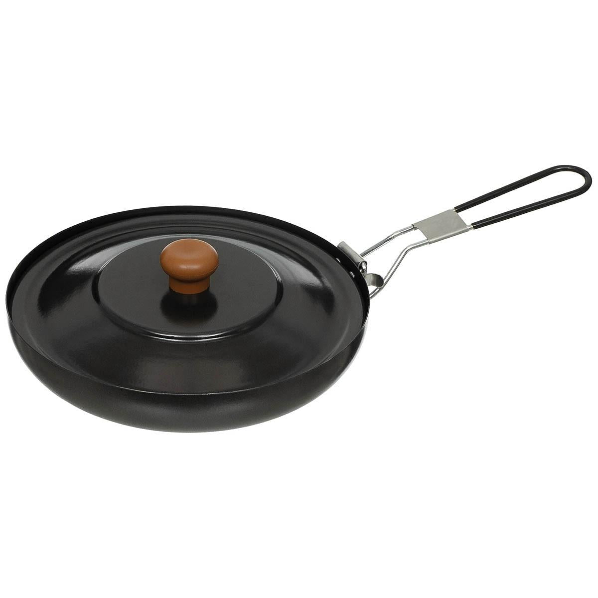 Fox Outdoor Frying Pan Steel Foldable Rubber Coated Handle Enamel Lid Black