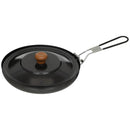 Fox Outdoor Frying Pan Steel Foldable Rubber Coated Handle Enamel Lid Black shown with handle extended and lid on top against white background