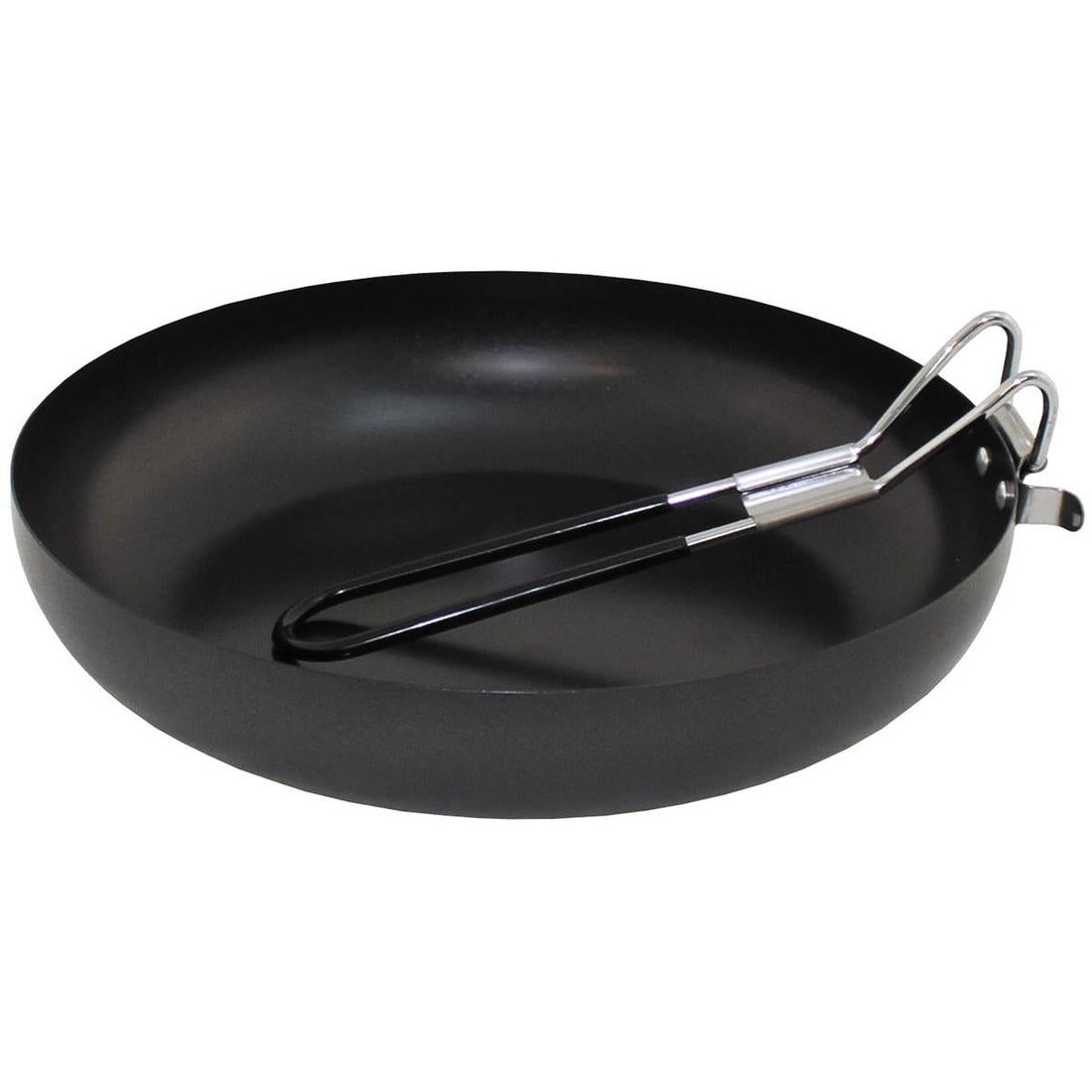 Fox Outdoor Frying Pan Steel Foldable Rubber Coated Handle Enamel Lid Black