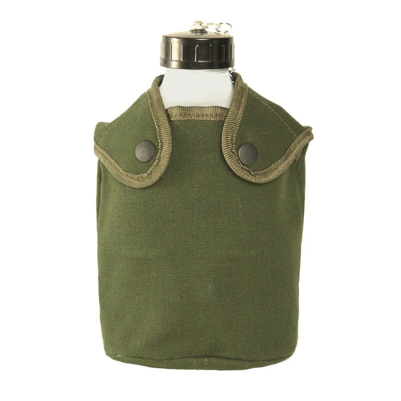 French Army style military canteen flask with olive drab pouch and secure button closures for outdoor use.