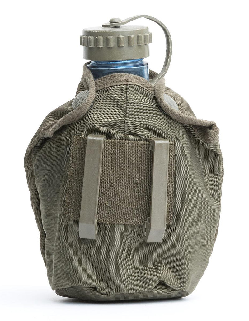 Genuine Austrian Army plastic water bottle in OD green pouch with belt attachments for outdoor and military use.