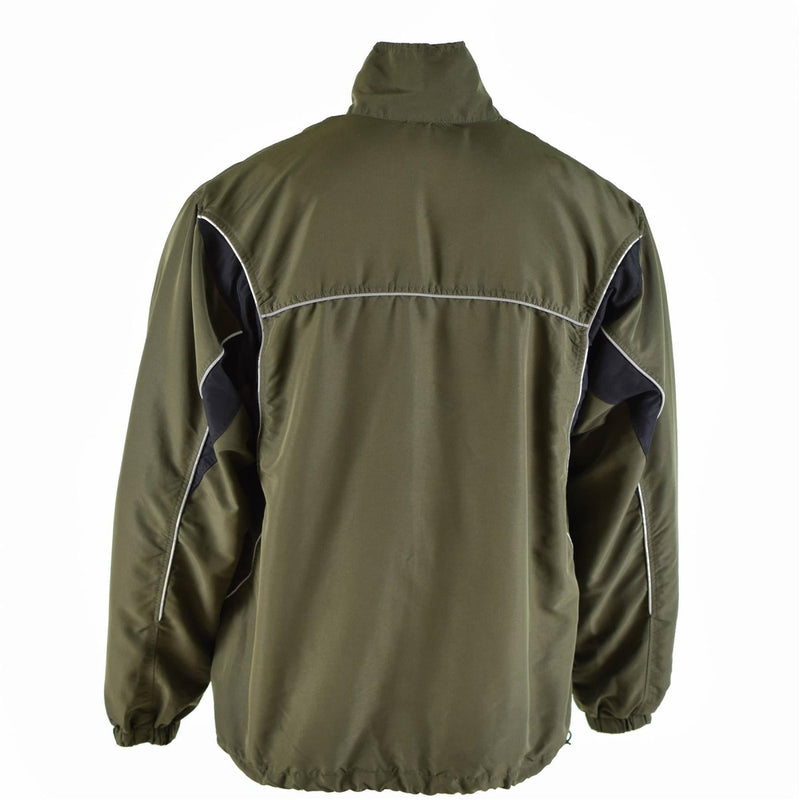 Back view of genuine Austrian army training tracksuit jacket in olive green with elastic cuffs and reflective piping.