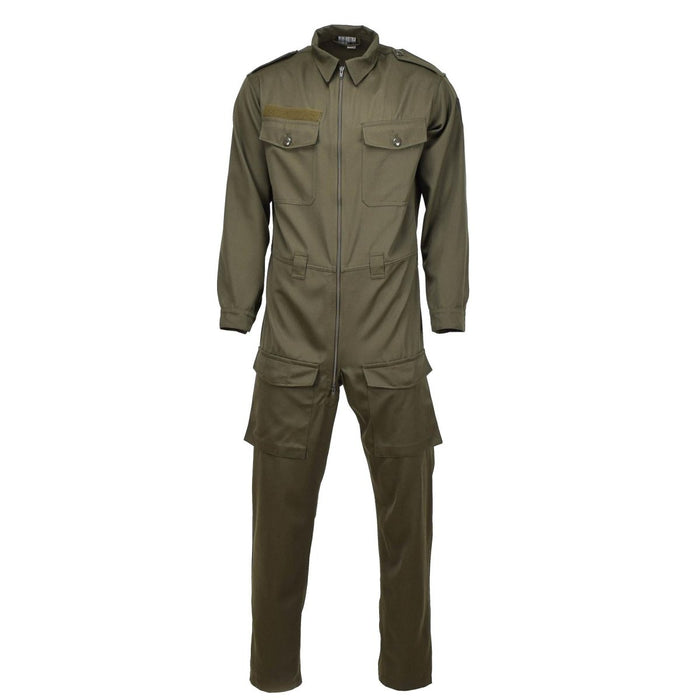 Genuine Austrian military mechanic coverall in olive with cargo pockets, adjustable cuffs, epaulettes, two-way metal zipper