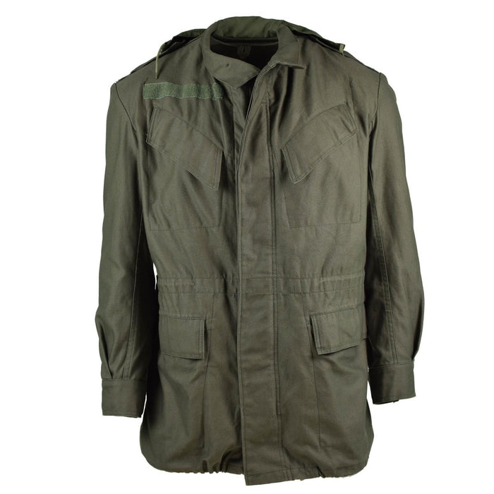 Vintage genuine Belgian army M64 olive green military cotton field jacket parka with multiple pockets and reinforced elbows