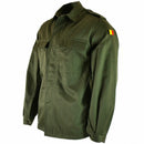 Vintage genuine Belgian army olive green military field jacket with Belgian flag patch on sleeve, long sleeves, button front closure