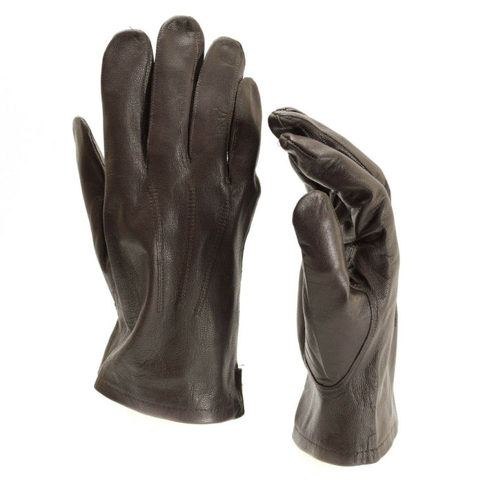 Pair of genuine Belgian army full finger brown leather military surplus gloves isolated on white background