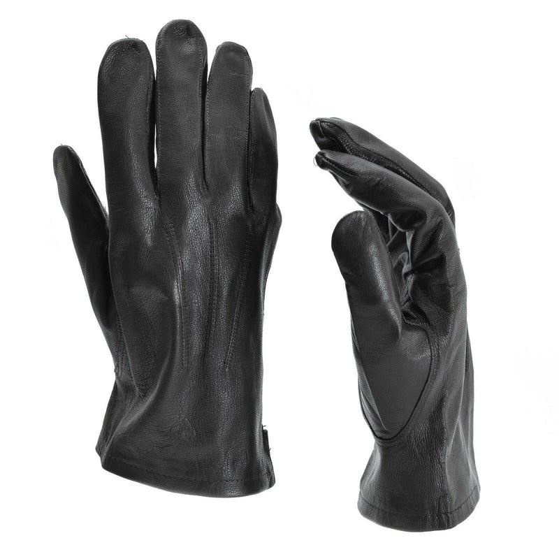 Pair of genuine Belgian army black leather military surplus full finger gloves displayed on white background
