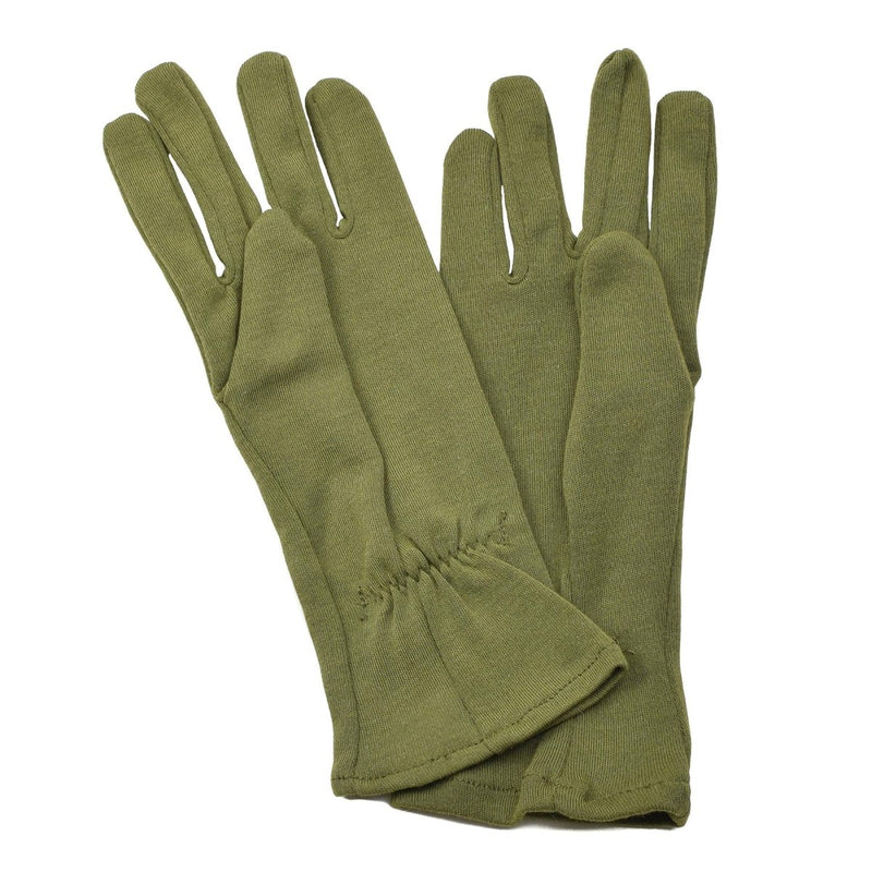 Genuine British Army olive green fire resistant gloves made from wool blend with elastic wrist for warmth and protection.