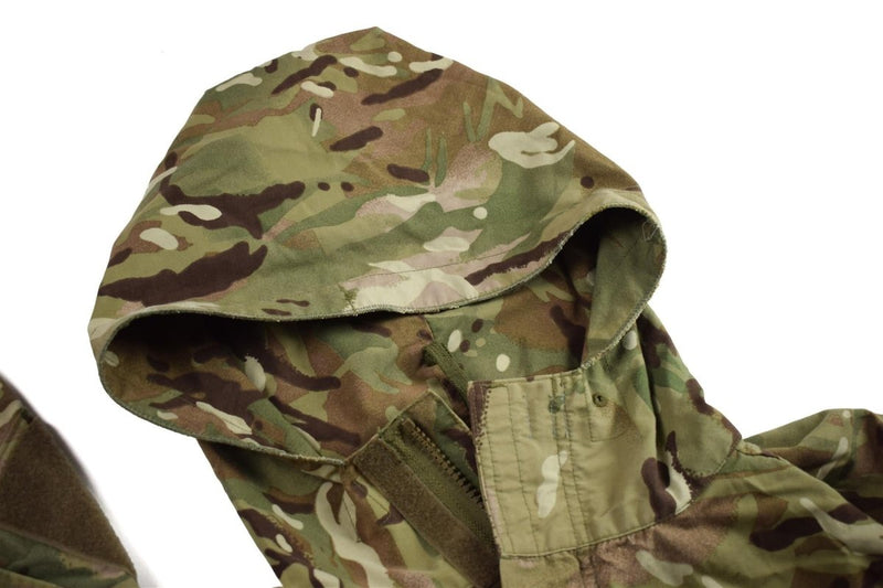 Close-up of a genuine British Military MTP camouflage parka hood and upper section with durable fabric and adjustable features