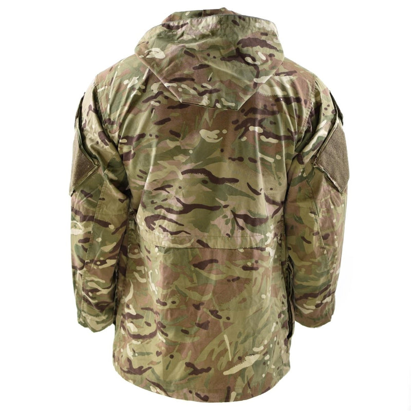 Back view of British army MTP camouflage military combat parka jacket with hood and adjustable waist.