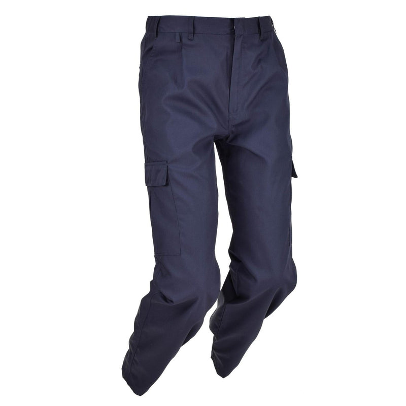 Genuine British ISS blue military surplus work cargo trousers with secure pockets and straight leg design.