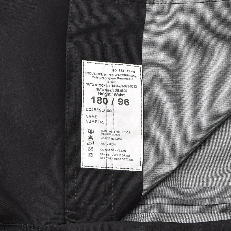 Label inside genuine British Metropolitan police waterproof rain trousers showing size and care instructions