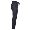 Side view of genuine British police waterproof rain trousers in blue with adjustable waist and ankle straps.