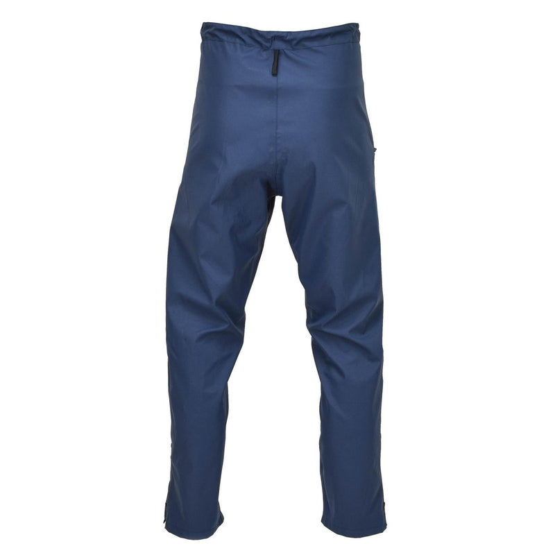 Blue genuine British RAF waterproof MVP rain trousers designed for durability and moisture vapor permeability