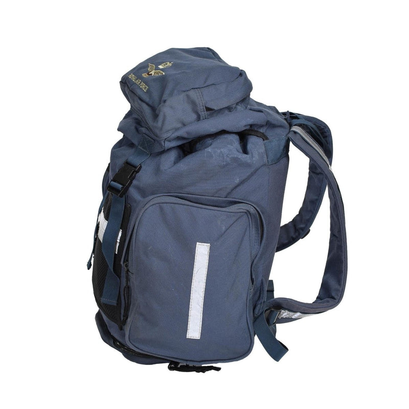 Classic navy blue British Royal Air Force 30-liter durable canvas backpack with embroidered RAF insignia for hiking and camping.
