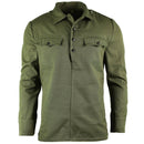 Genuine Bulgarian Army olive green military BDU shirt with buttoned chest pockets and durable fabric for combat use.